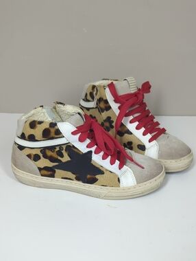 Piranha Leather FurLeopard Print High-Top Sneakers with Red Laces